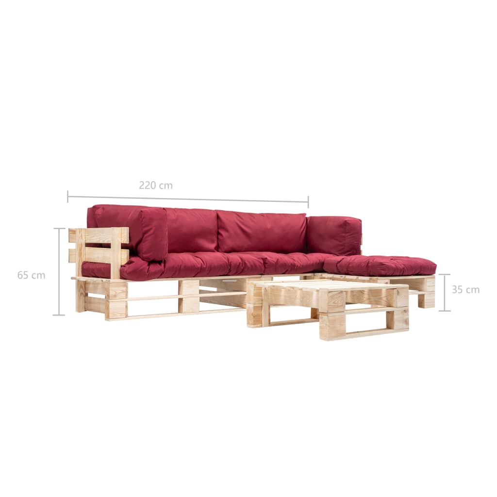 Set mobilier de grădină paleți cu perne roșii, 4 piese, lemn - Lando