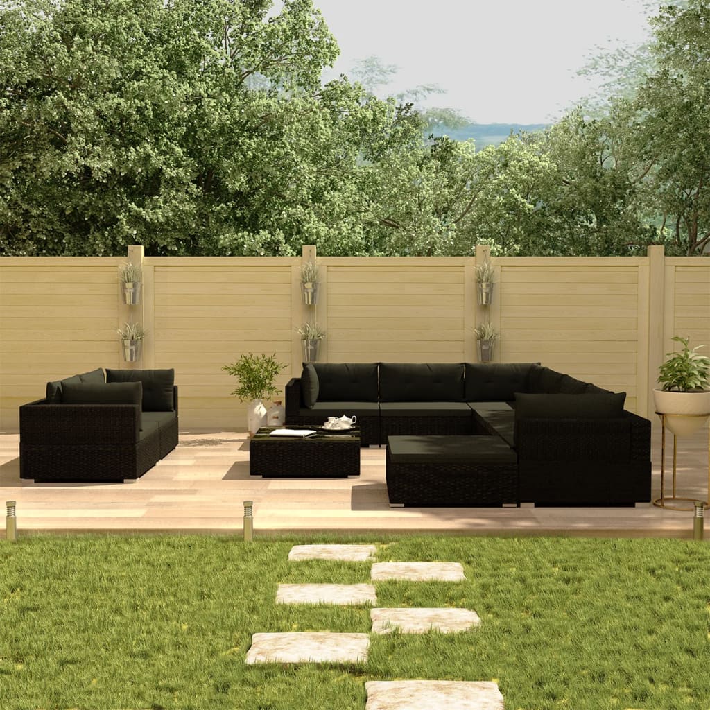 Set mobilier de grădină cu perne, 10 piese, negru, poliratan Lando - Lando