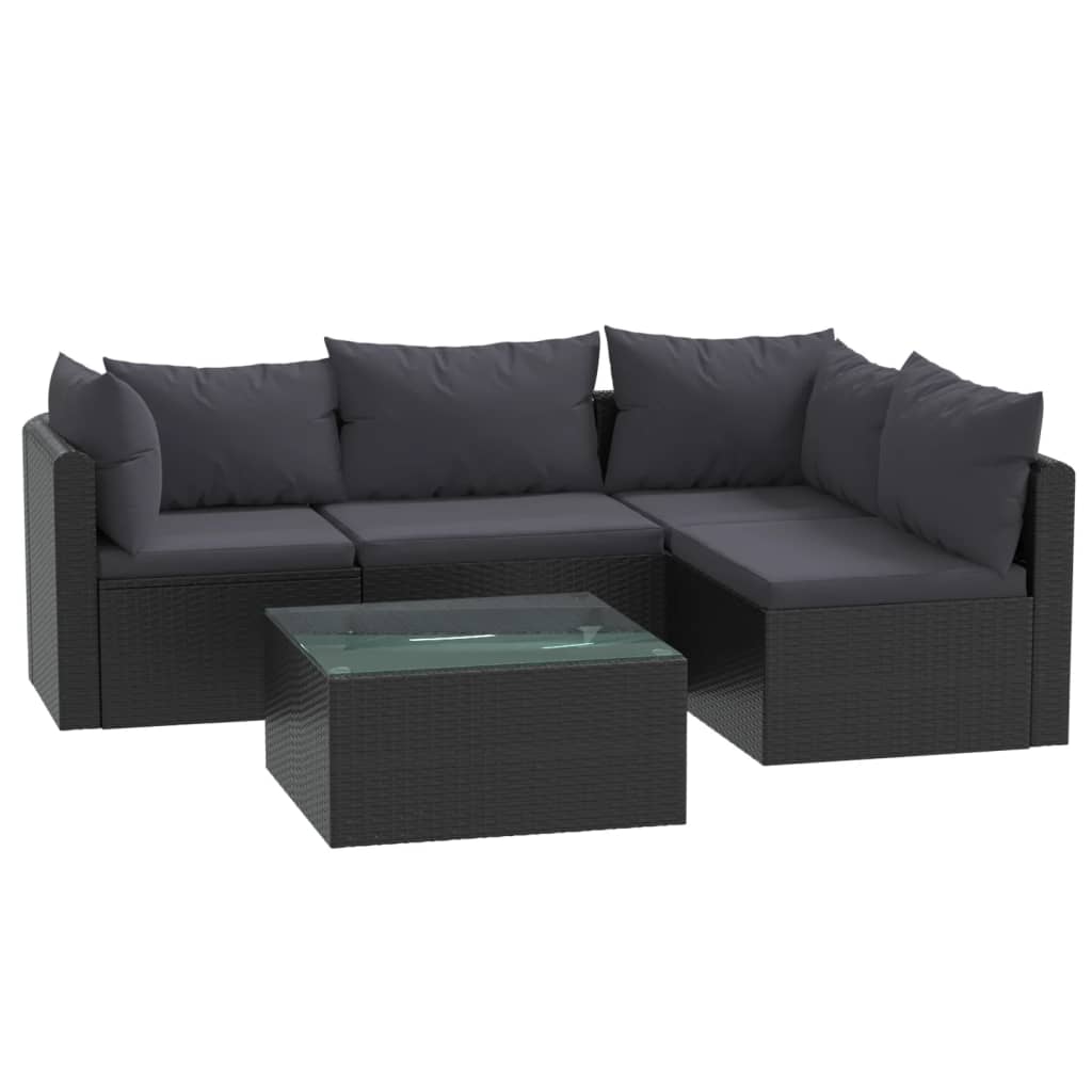 Set mobilier de grădină cu perne, 5 piese, negru, poliratan - Lando