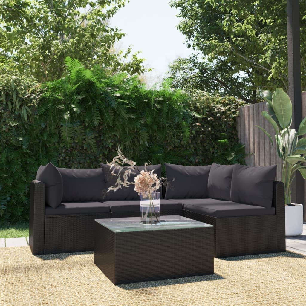 Set mobilier de grădină cu perne, 5 piese, negru, poliratan - Lando