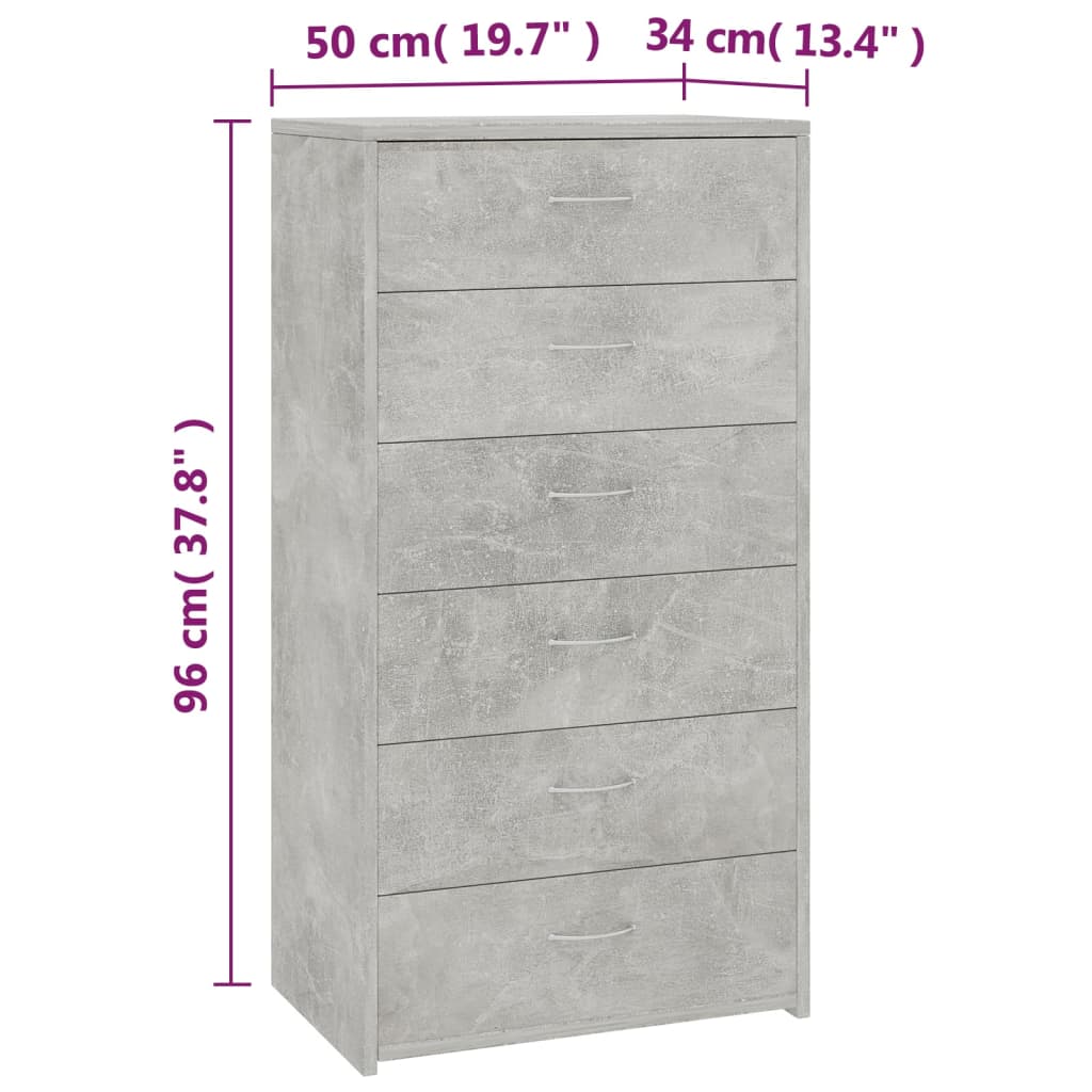 Servantă cu 6 sertare, gri beton, 50x34x96 cm, PAL Lando - Lando