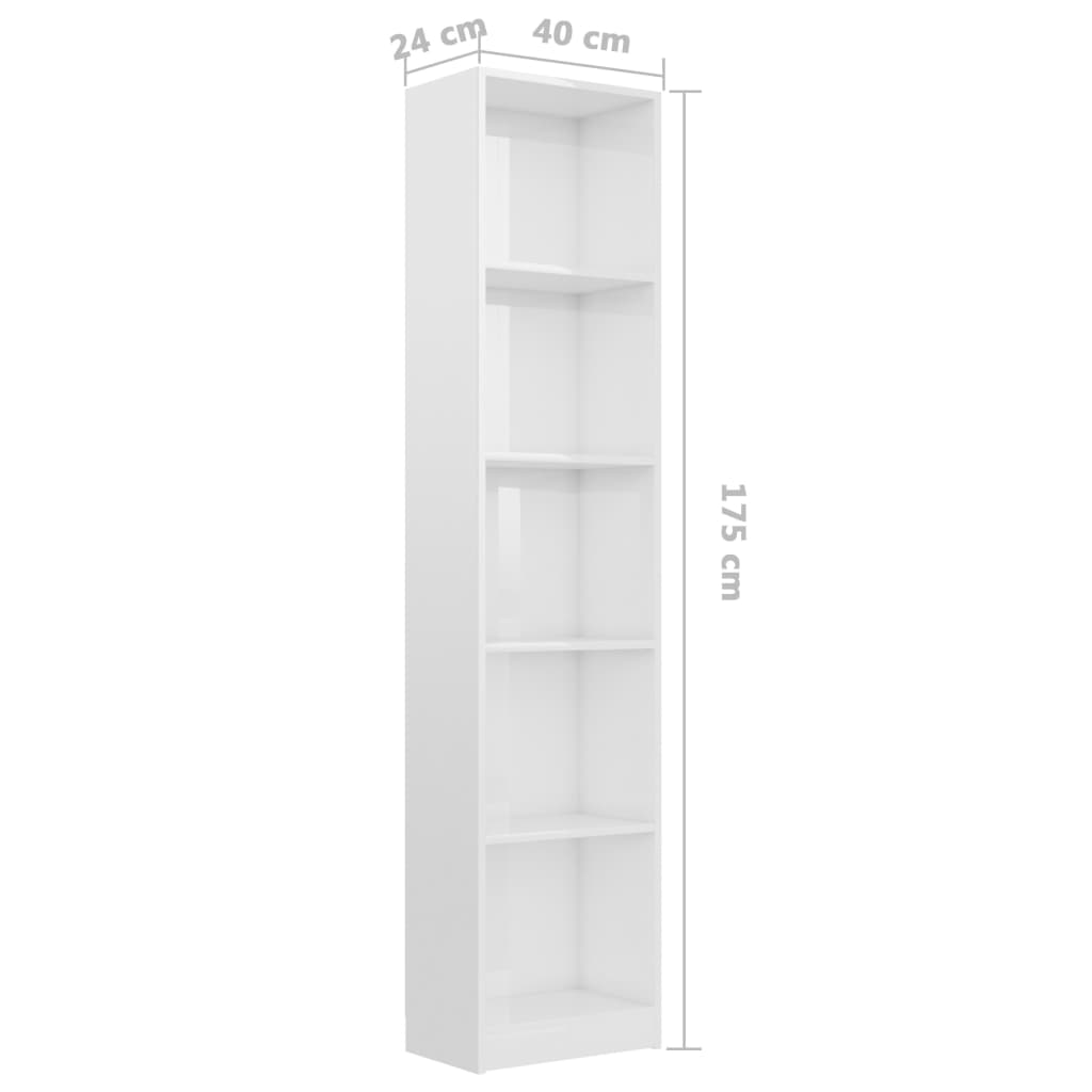 Bibliotecă cu 5 rafturi, alb extralucios, 40x24x175 cm, PAL Lando - Lando