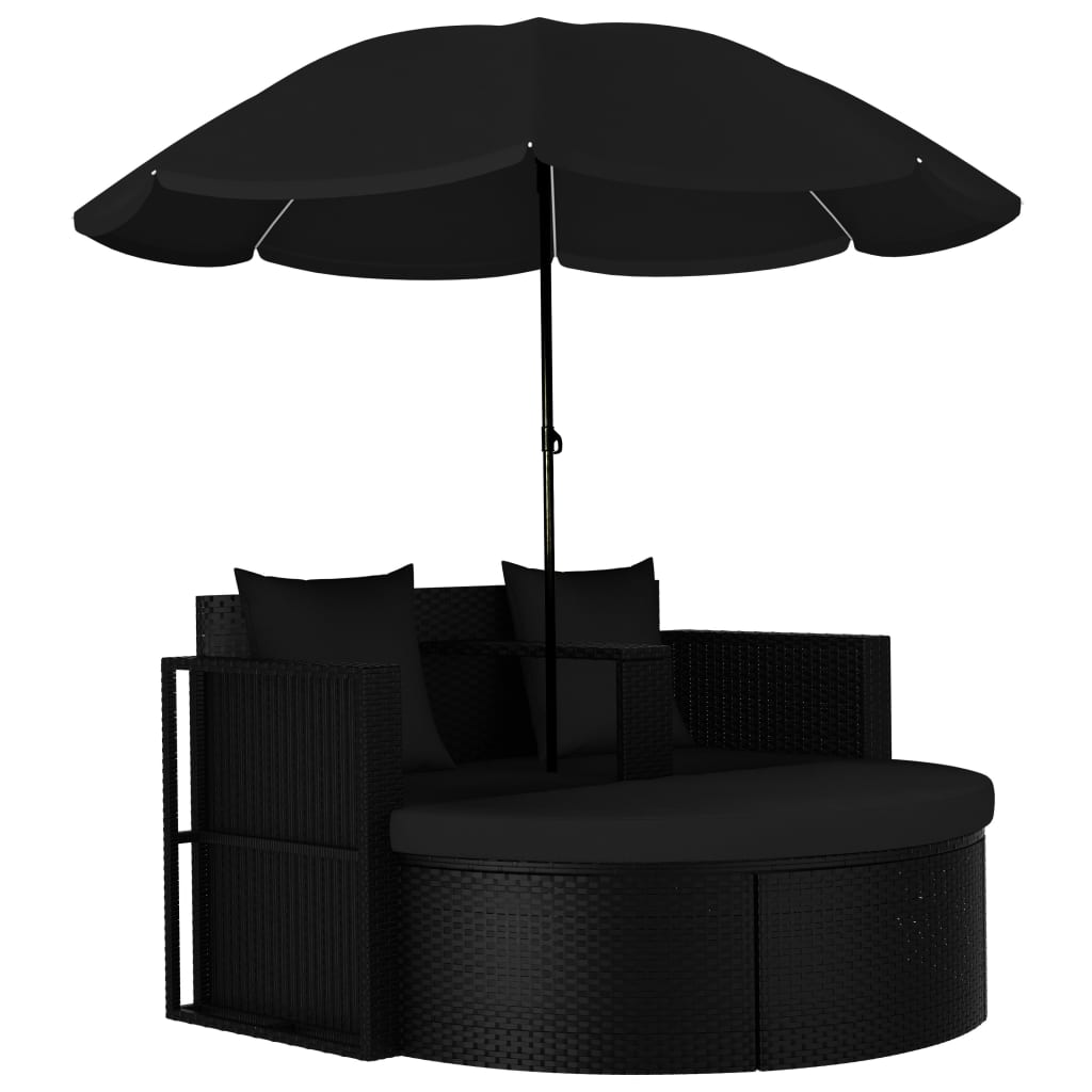 Pat de grădină cu umbrelă de soare, negru, poliratan - Lando