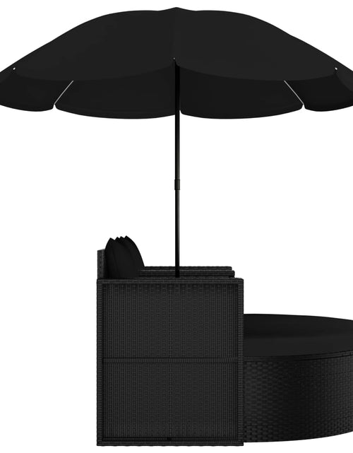 Încărcați imaginea în vizualizatorul Galerie, Pat de grădină cu umbrelă de soare, negru, poliratan - Lando

