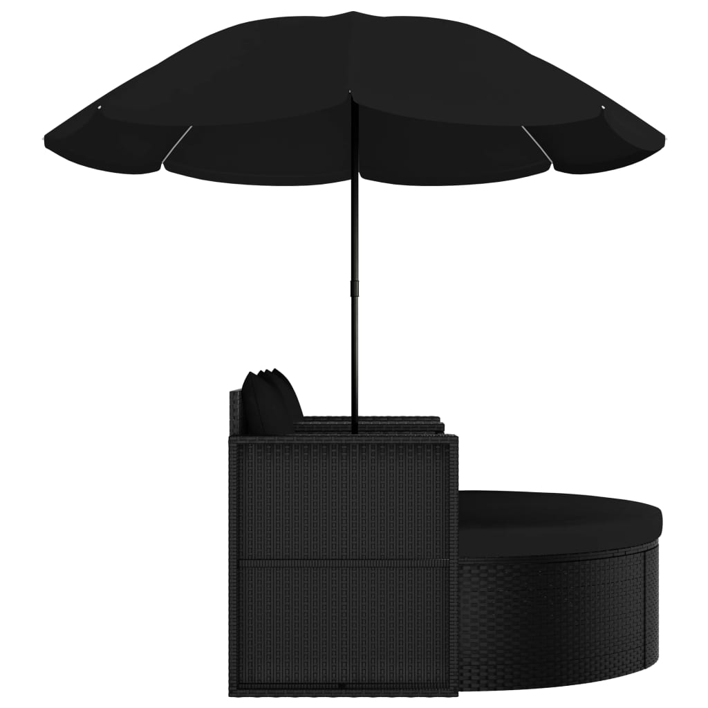 Pat de grădină cu umbrelă de soare, negru, poliratan - Lando