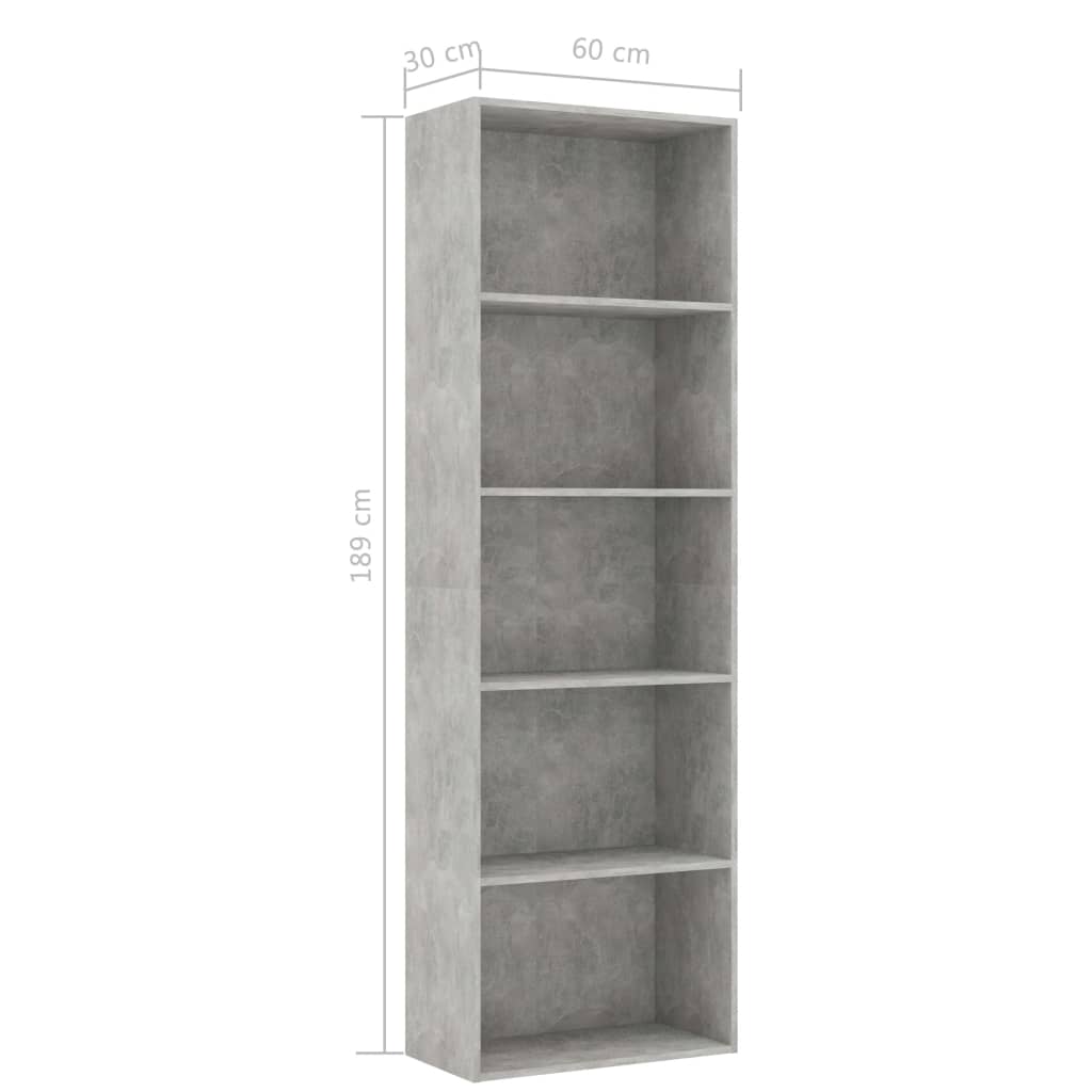 Bibliotecă cu 5 rafturi, gri beton, 60x30x189 cm, PAL Lando - Lando