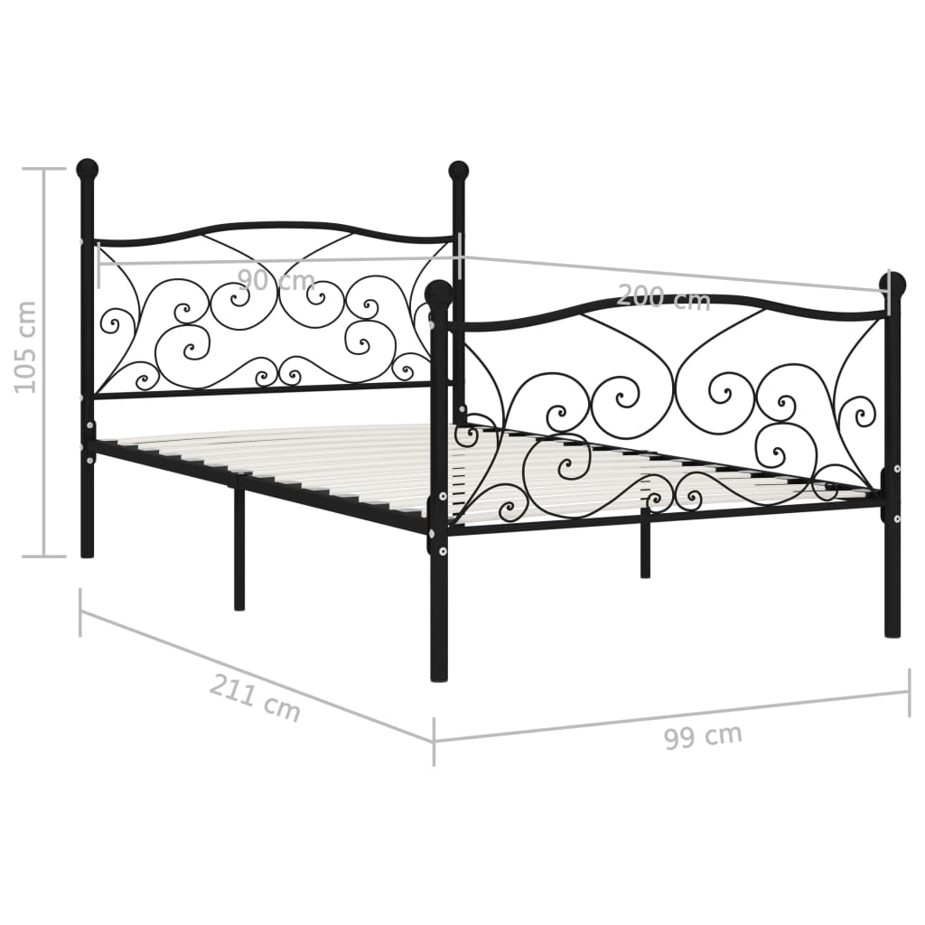 Cadru de pat cu bază din șipci, negru, 90 x 200 cm, metal - Lando