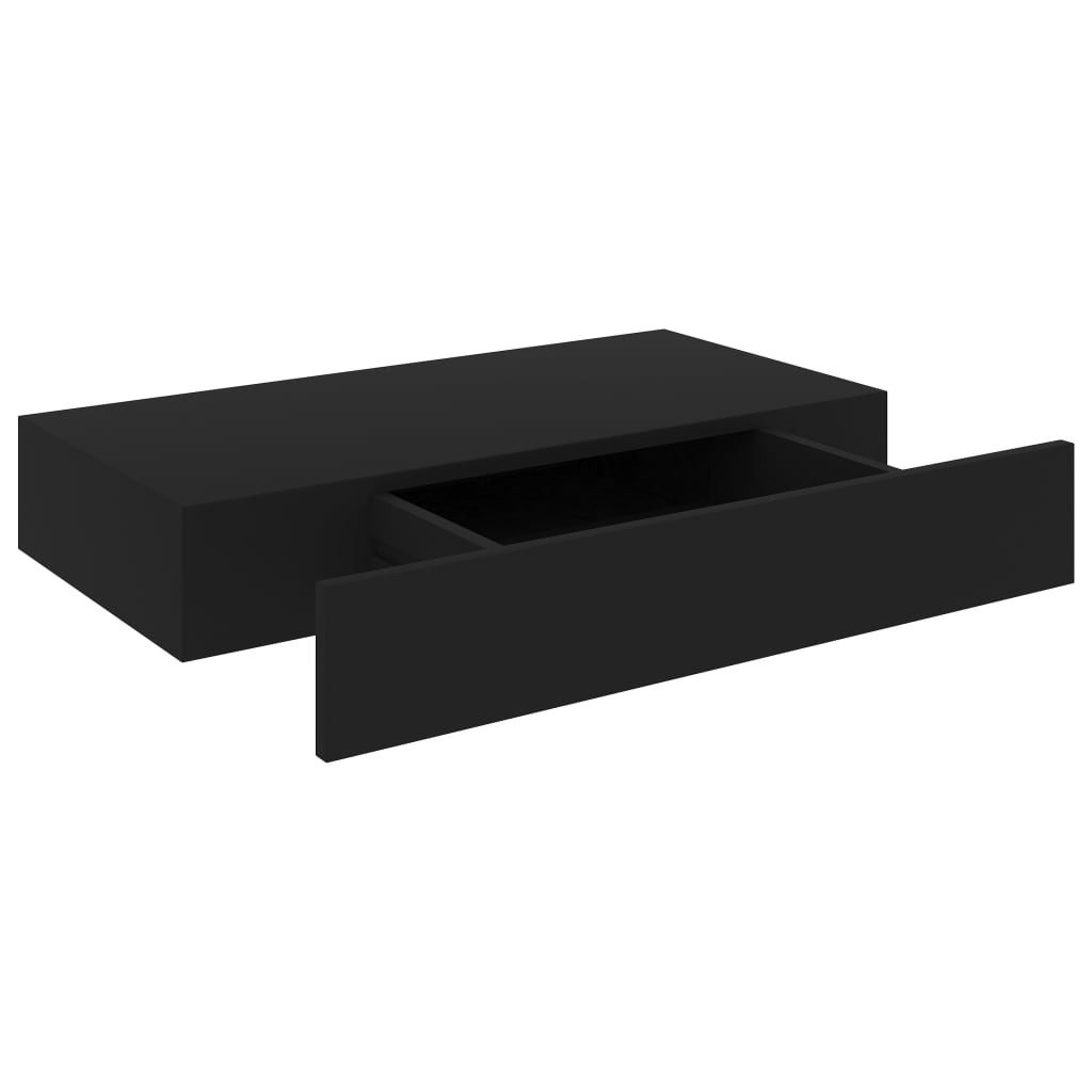 Raft de perete suspendat cu sertar, negru, 48 x 25 x 8 cm - Lando