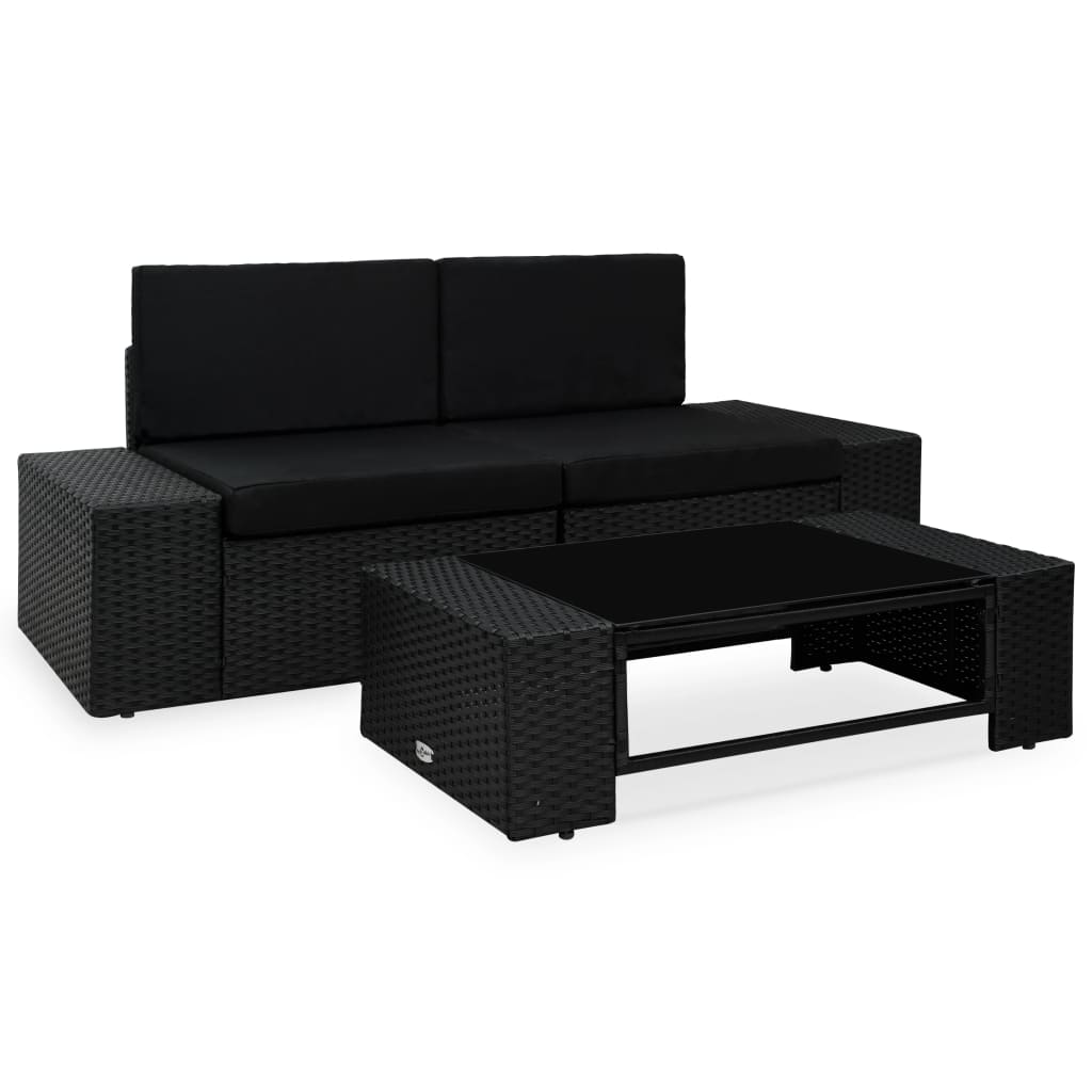 Set mobilier de grădină, 3 piese, negru, poliratan - Lando