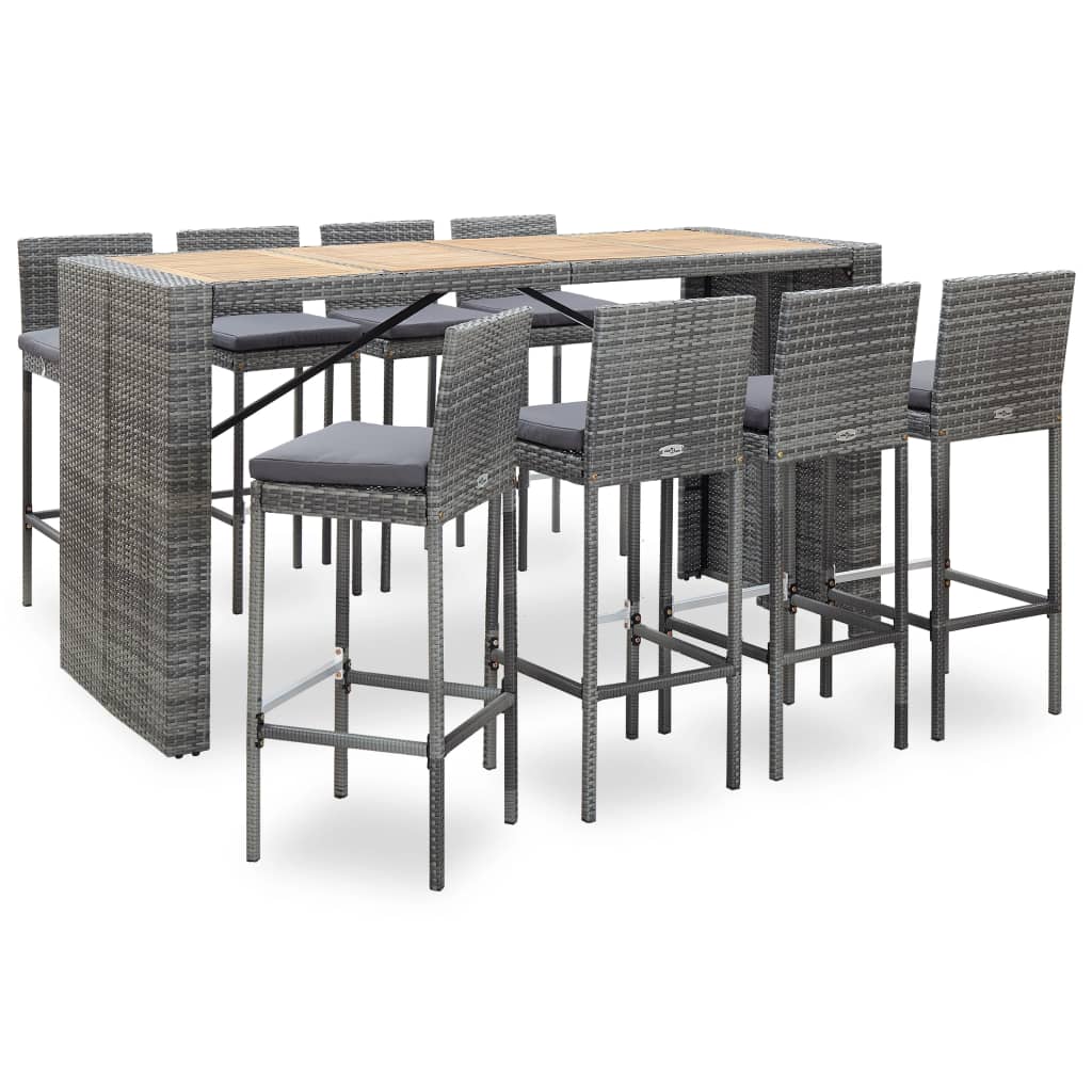 Set mobilier bar exterior 9 piese gri poliratan și lemn acacia Lando - Lando