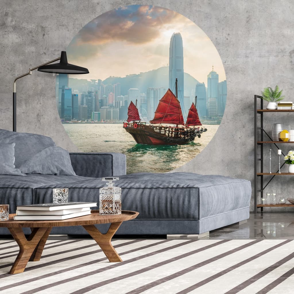 WallArt Tapet în formă de cerc Skyline with Junk Boat, 142,5 cm Lando - Lando