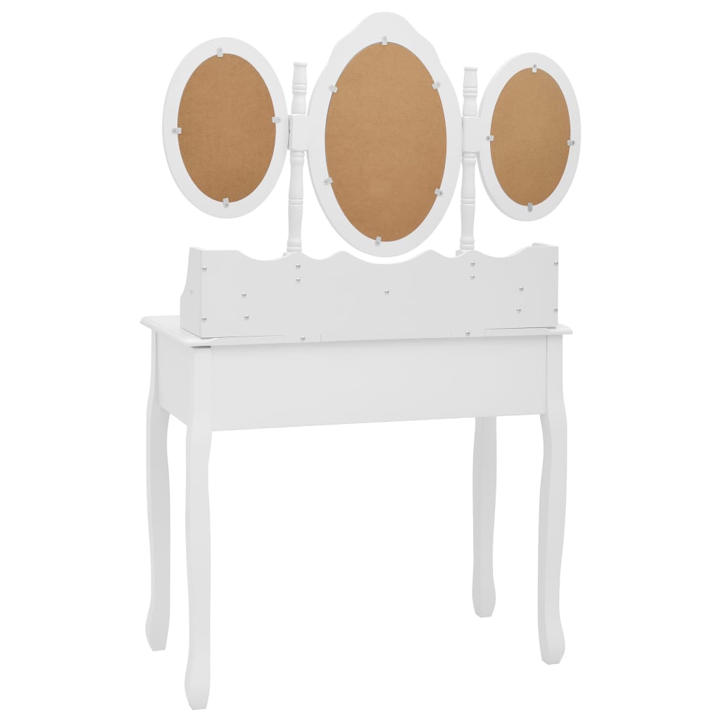 Masă de toaletă cu taburet și oglindă triptic, alb - Lando