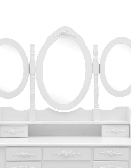 Încărcați imaginea în vizualizatorul Galerie, Masă de toaletă cu taburet și oglindă triptic, alb - Lando
