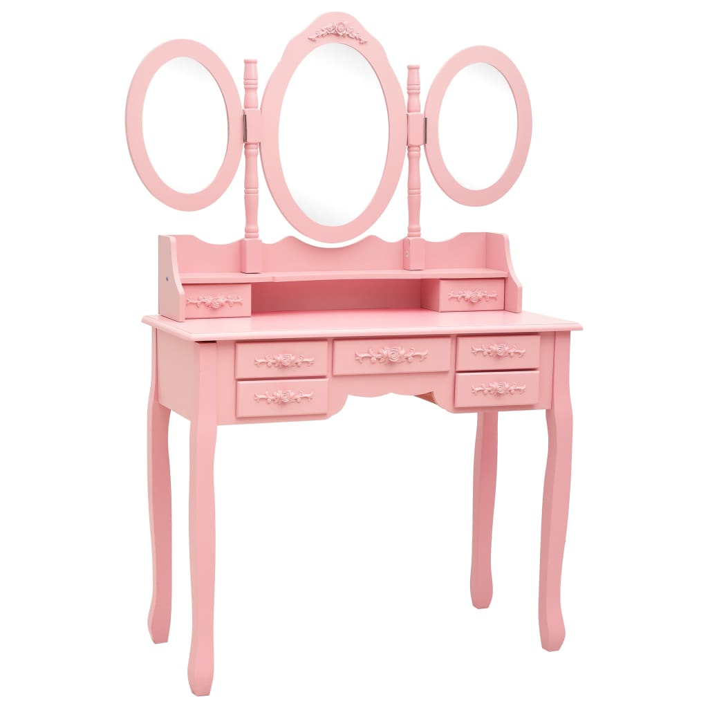 Masă de toaletă cu taburet și triptic oglinzi, roz - Lando