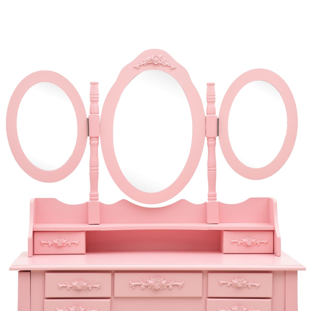 Masă de toaletă cu taburet și triptic oglinzi, roz - Lando
