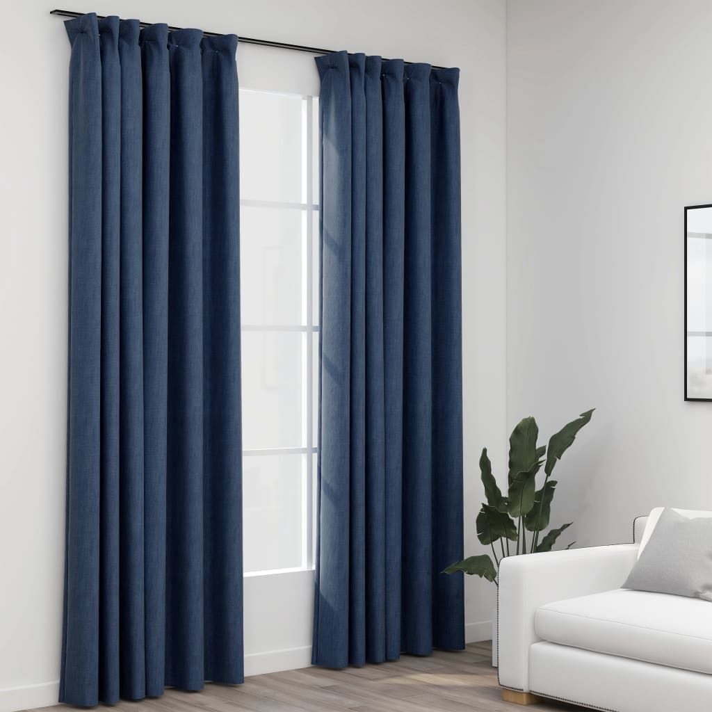 Perdele opace aspect pânză cârlige, 2 buc, albastru, 140x225 cm Lando - Lando