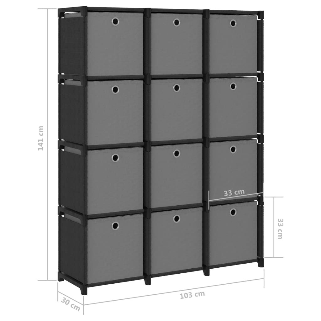 Raft expunere, 12 cuburi + cutii, negru, 103x30x141 cm, textil Lando - Lando