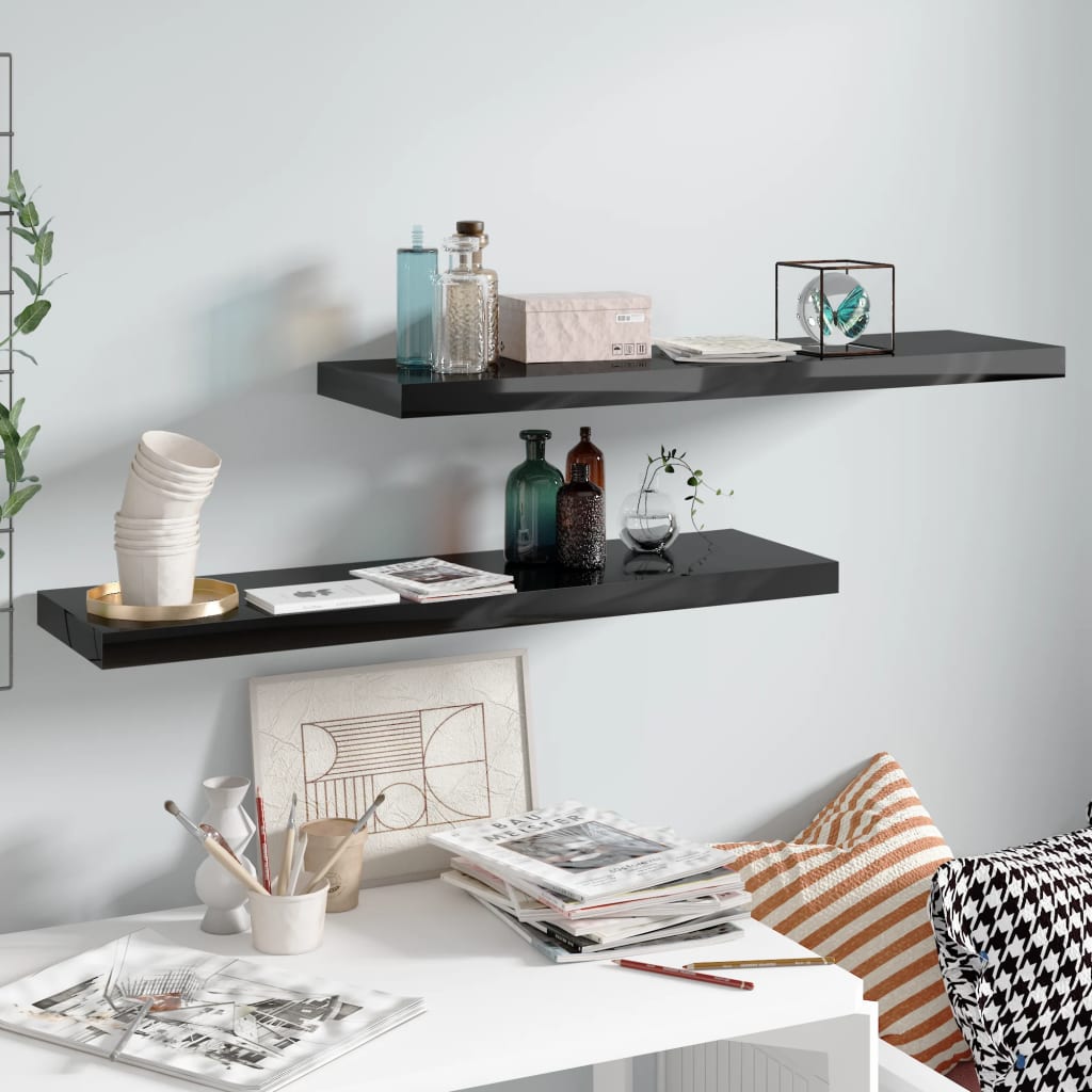 Rafturi de perete, 2 buc., negru extralucios 90x23,5x3,8 cm MDF Lando - Lando