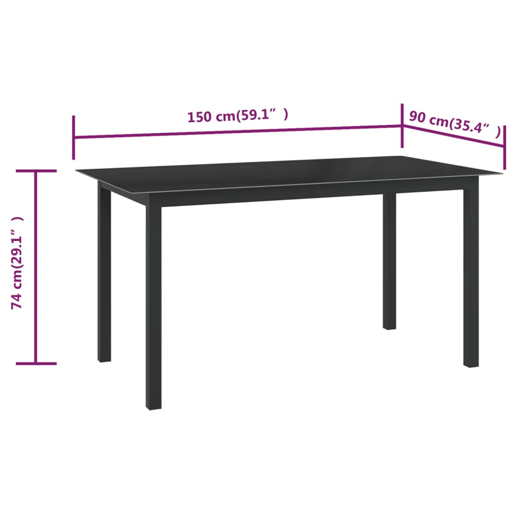 Masă de grădină, negru, 150x90x74 cm, aluminiu și sticlă - Lando