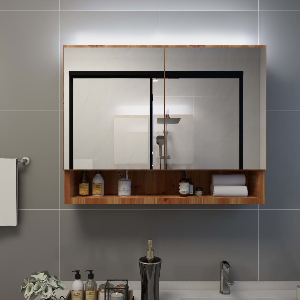 Dulap de baie cu oglindă și LED-uri, stejar, 80x15x60 cm, MDF Lando - Lando