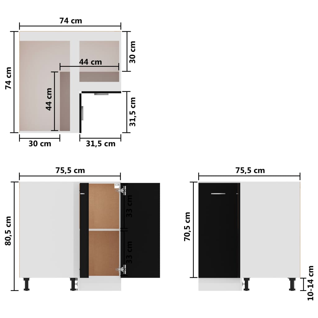 Dulap inferior de colț, negru, 75,5 x 75,5 x 80,5 cm, PAL - Lando