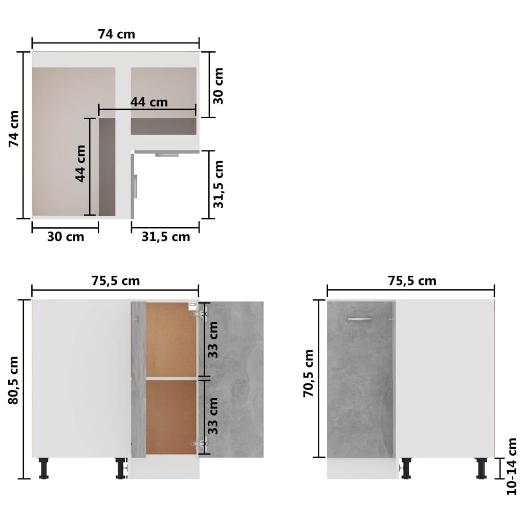 Dulap inferior de colț, gri beton, 75,5 x 75,5 x 80,5 cm, PAL - Lando