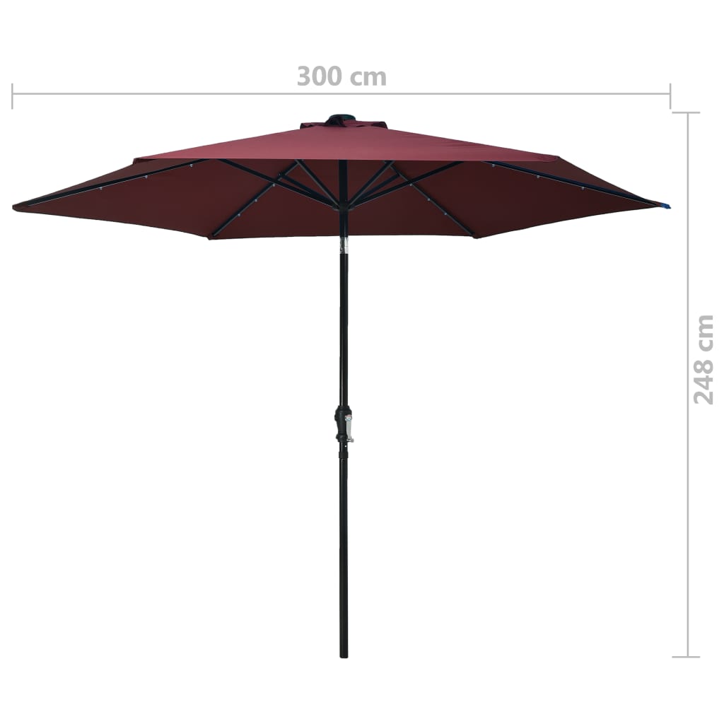 Umbrelă soare exterior, LED-uri stâlp oțel, roșu bordo, 300 cm Lando - Lando