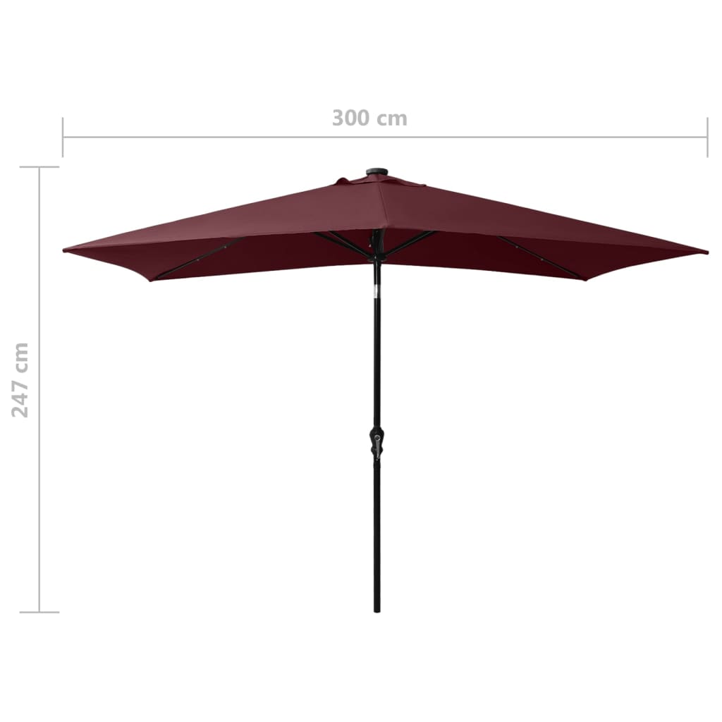 Umbrelă de soare cu stâlp din oțel & LED-uri, roșu bordo, 2x3 m - Lando