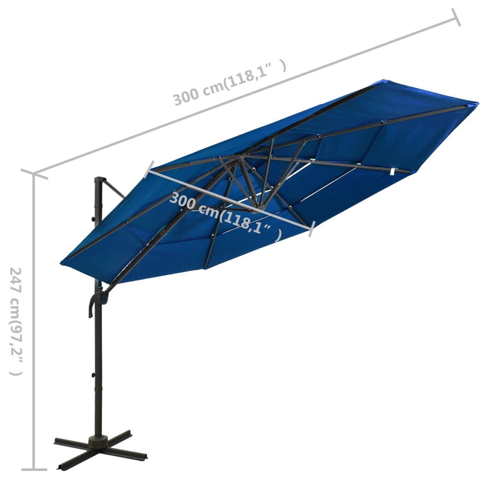 Umbrelă de soare 4 niveluri, stâlp de aluminiu, azuriu, 3x3