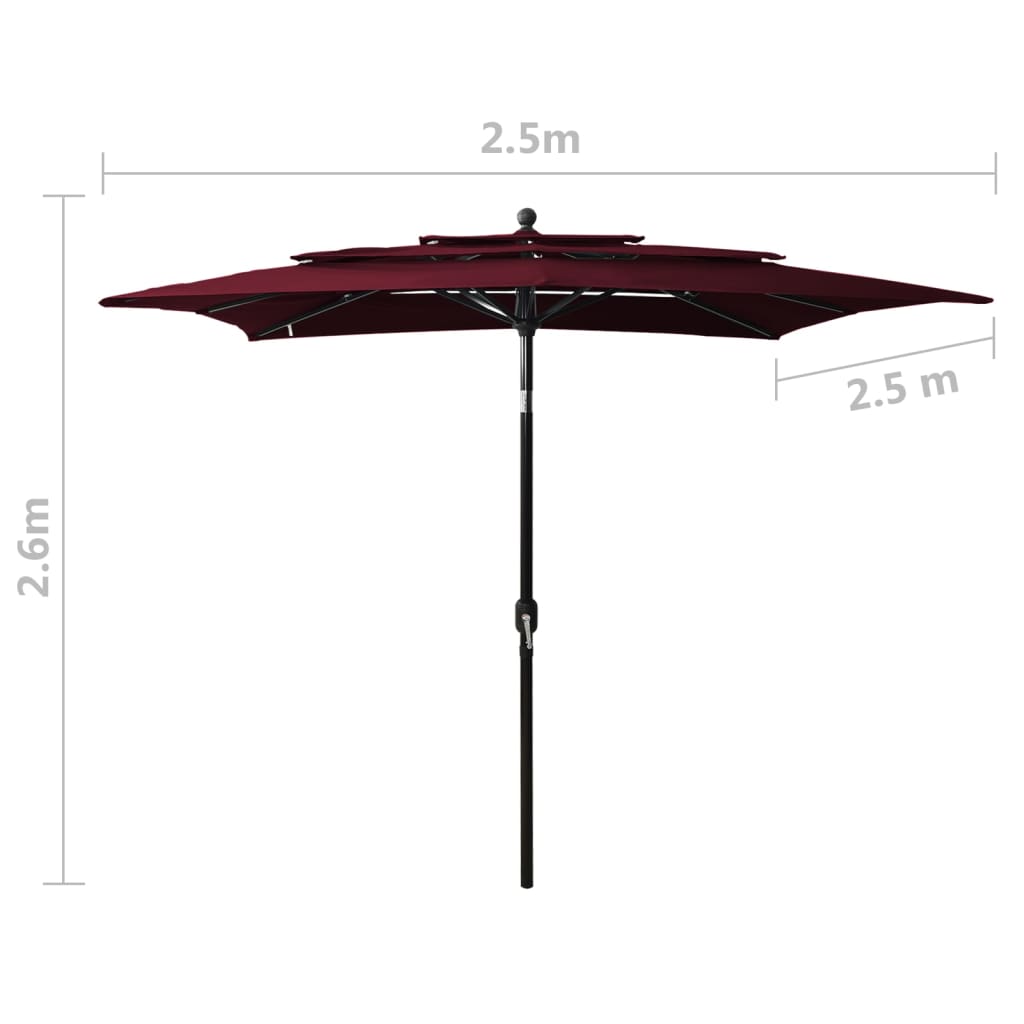 Umbrelă de soare 3 niveluri stâlp aluminiu roșu bordo 2,5x2,5 m Lando - Lando