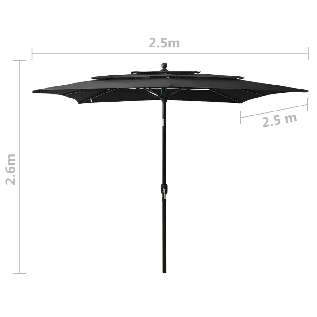 Umbrelă de soare 3 niveluri, stâlp aluminiu, negru, 2,5x2,5 m Lando - Lando