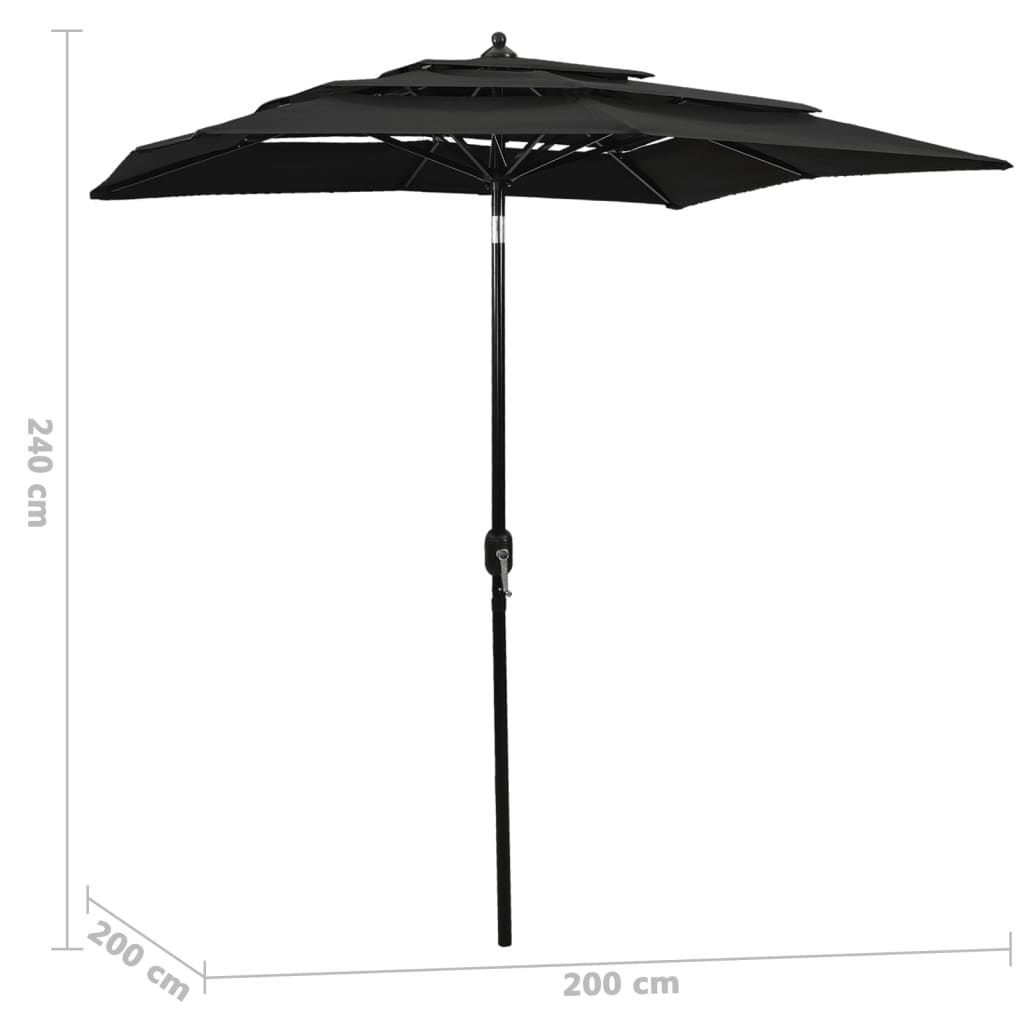 Umbrelă de soare 3 niveluri, stâlp de aluminiu, negru, 2x2 m Lando - Lando