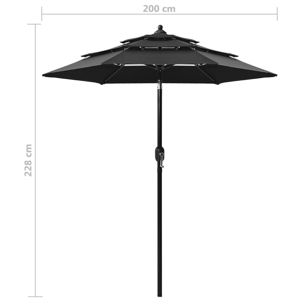 Umbrelă de soare 3 niveluri, stâlp de aluminiu, negru, 2 m Lando - Lando