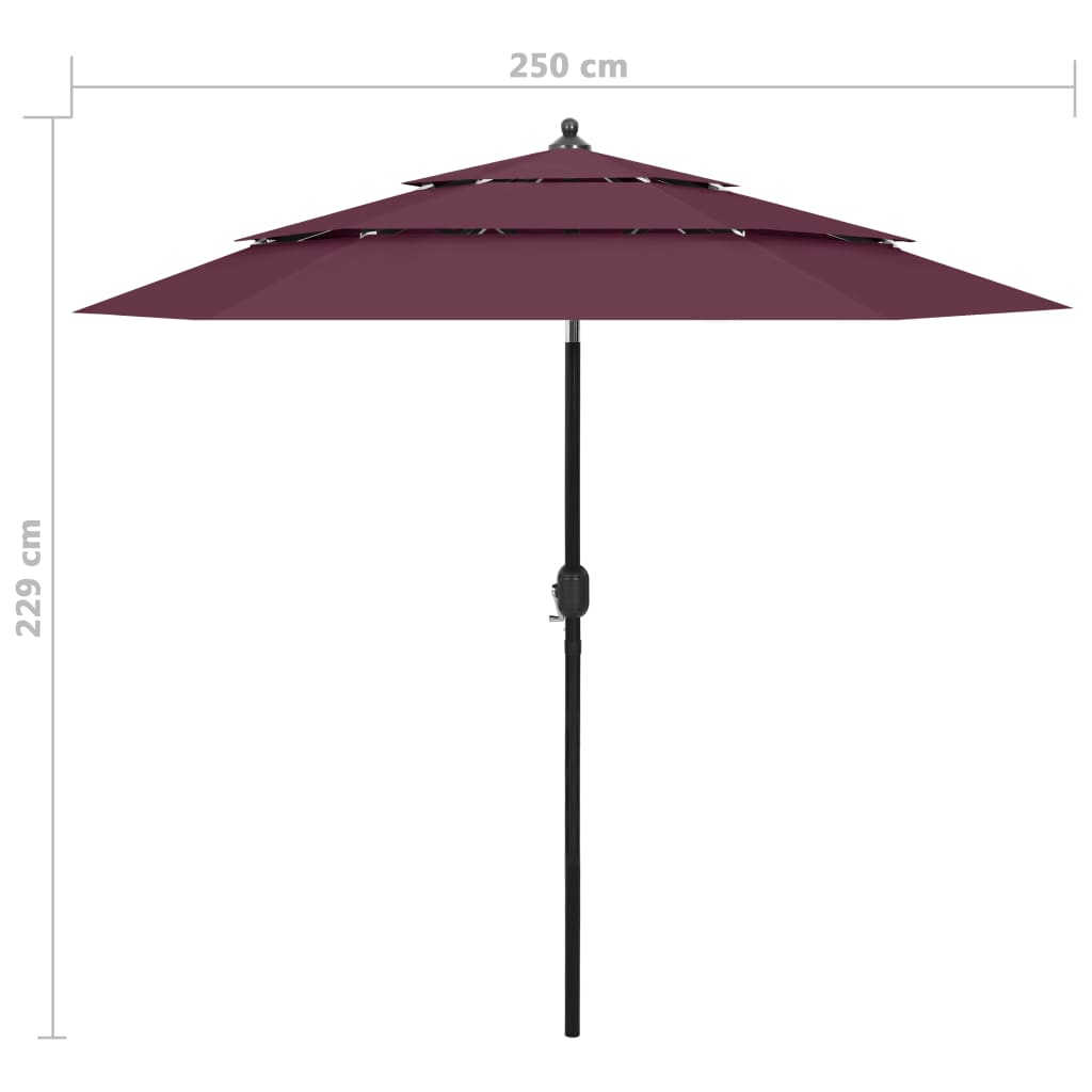 Umbrelă de soare 3 niveluri, stâlp aluminiu, roșu bordo, 2,5 m Lando - Lando