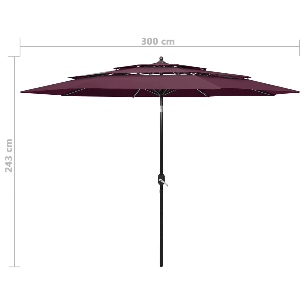 Umbrelă de soare 3 niveluri, stâlp aluminiu, roșu bordo, 3 m Lando - Lando