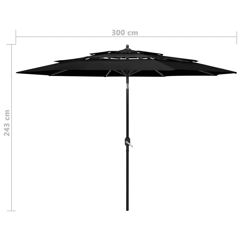 Umbrelă de soare 3 niveluri, stâlp de aluminiu, negru, 3 m Lando - Lando