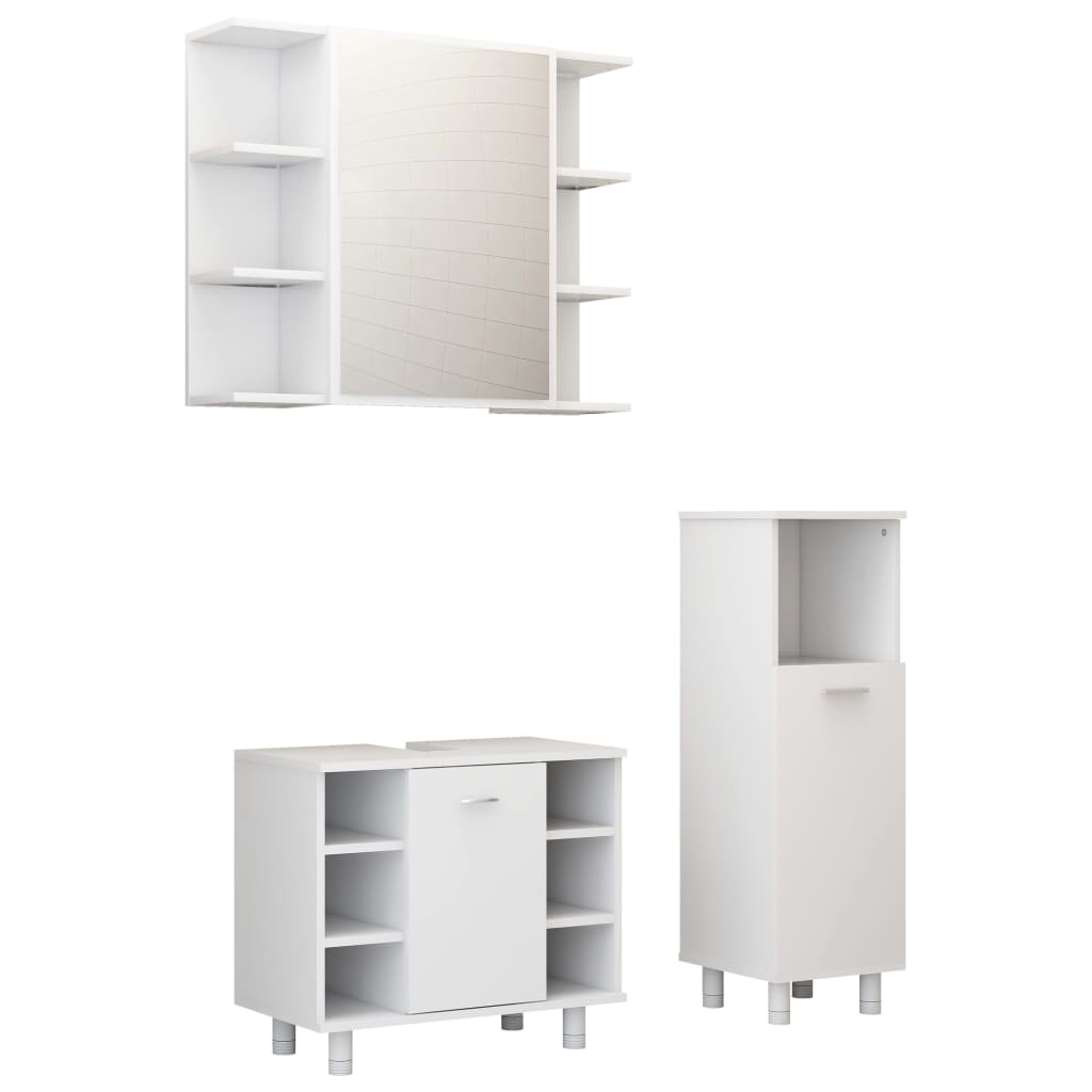 Set mobilier de baie, 3 piese, alb extralucios, lemn prelucrat - Lando