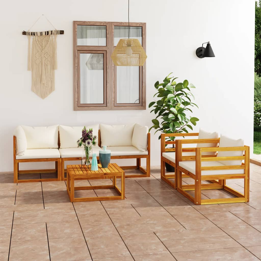 Set mobilier grădină cu perne, 6 piese, crem, lemn masiv acacia - Lando