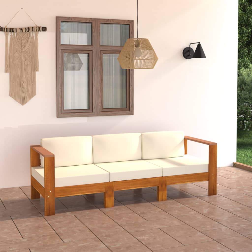 Canapea grădină cu 3 locuri, perne alb/crem, lemn masiv acacia - Lando