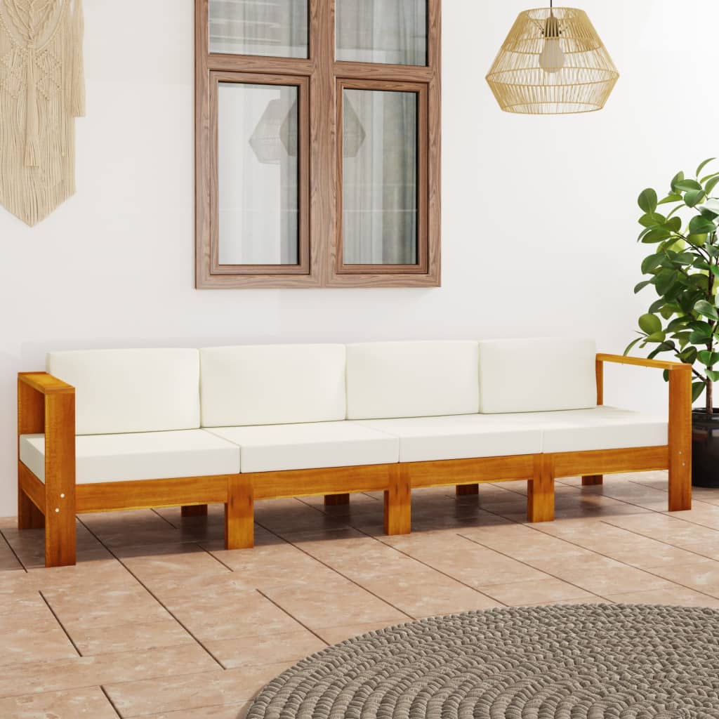Canapea grădină cu 4 locuri, perne alb/crem, lemn masiv acacia - Lando
