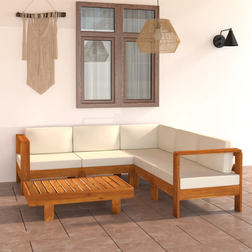 Set mobilier grădină perne alb/crem, 6 piese, lemn masiv acacia - Lando