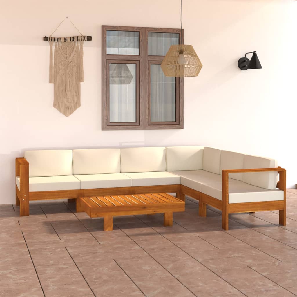 Set mobilier grădină perne alb/crem, 7 piese, lemn masiv acacia - Lando