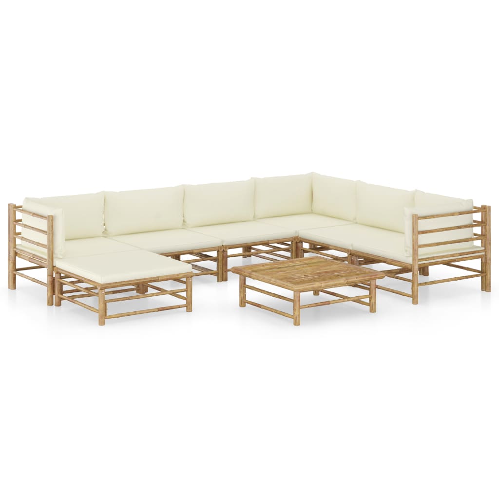 Set mobilier de grădină, cu perne alb crem, 8 piese, bambus - Lando