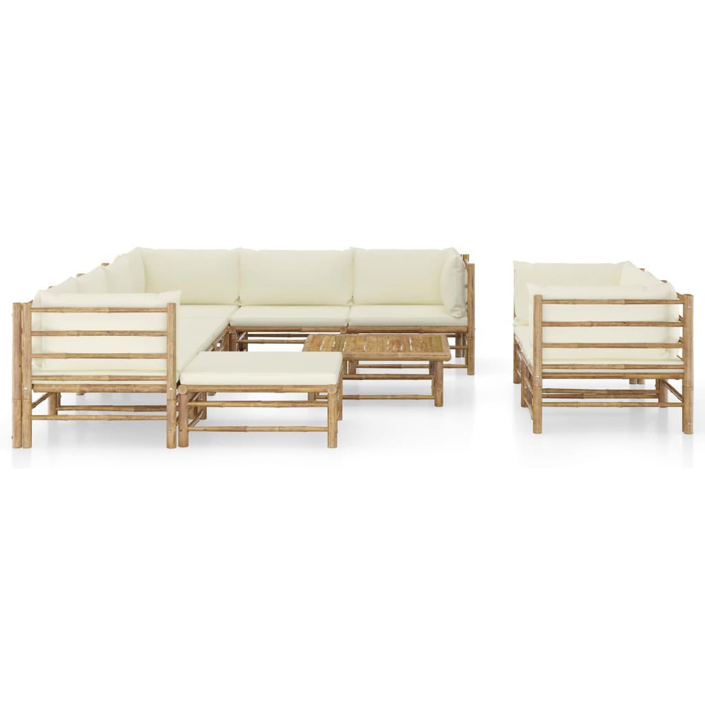Set mobilier de grădină, cu perne alb crem, 10 piese, bambus - Lando