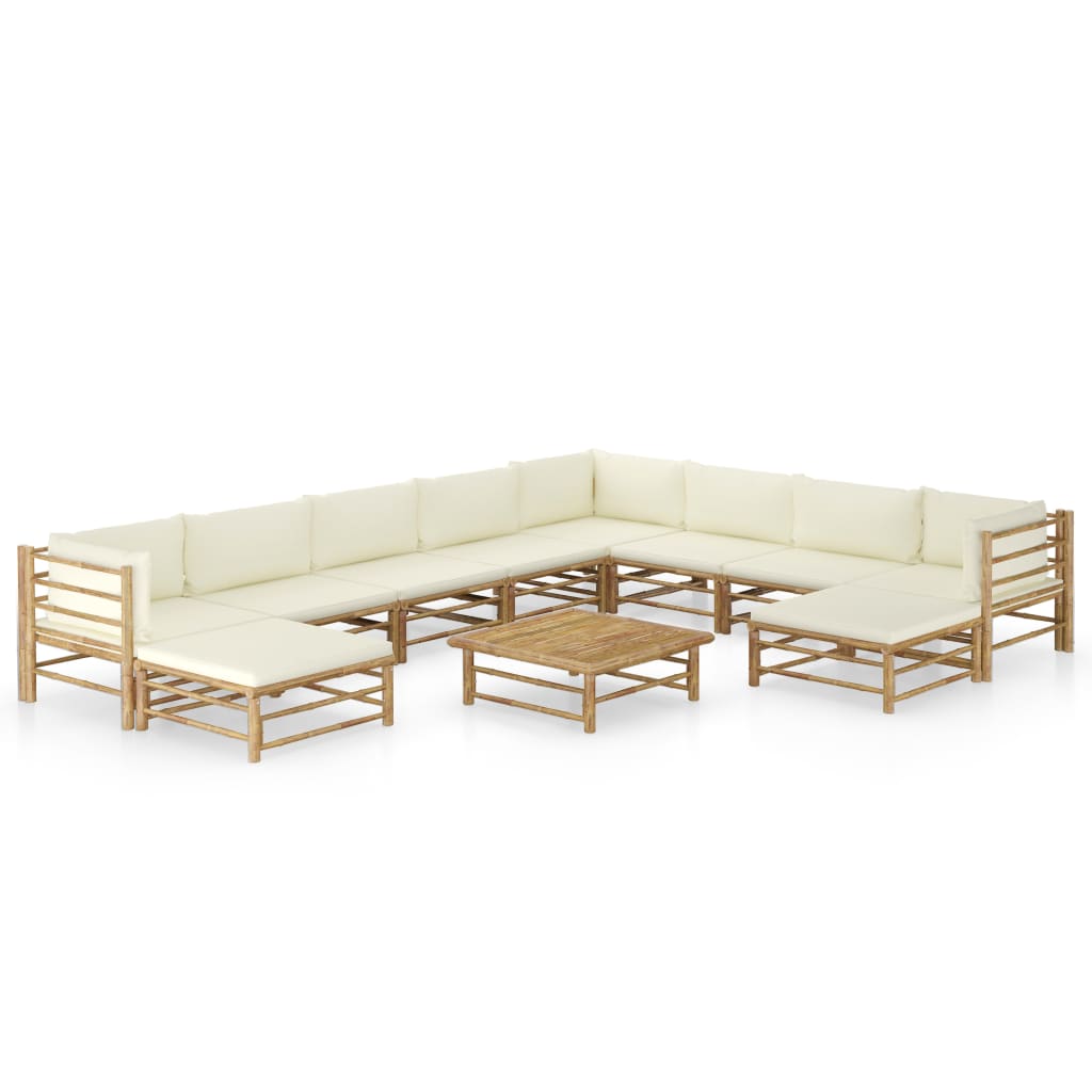 Set mobilier de grădină, cu perne alb crem, 11 piese, bambus - Lando