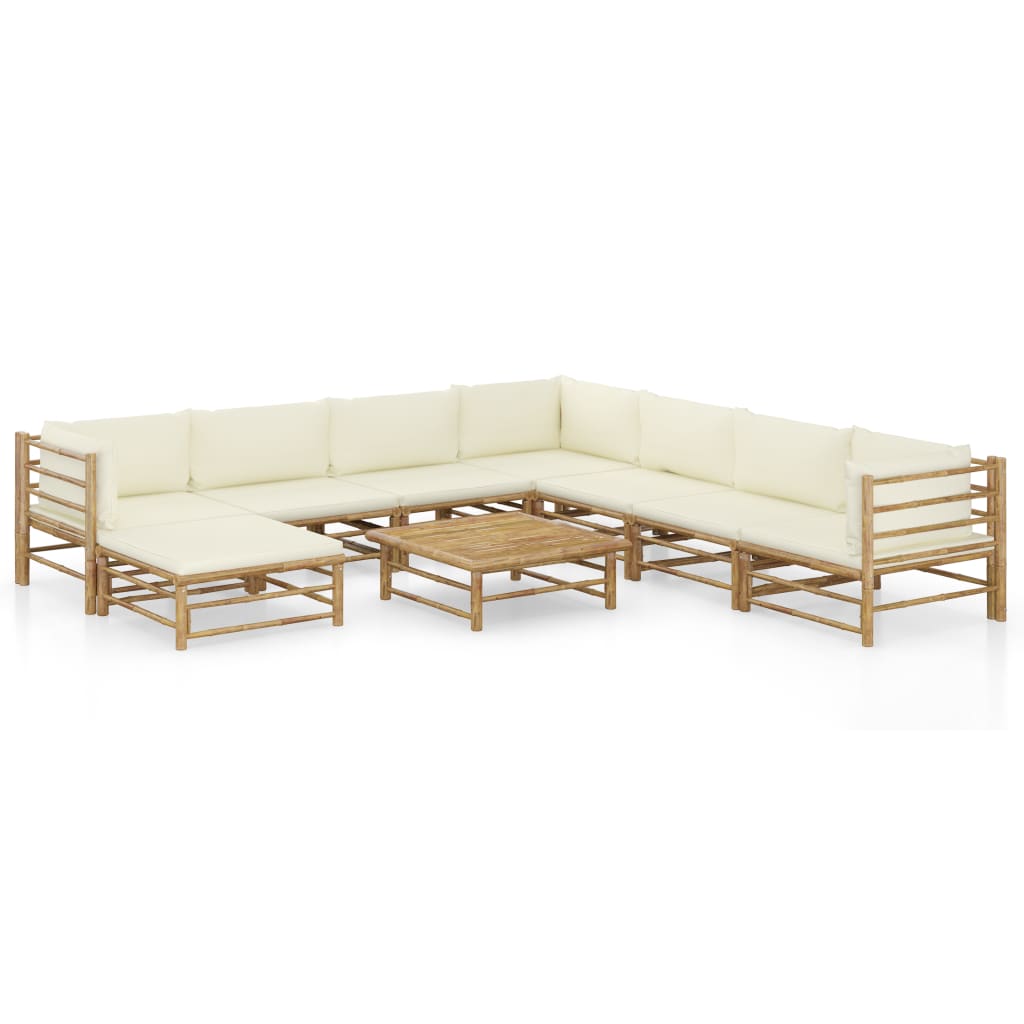 Set mobilier de grădină, cu perne alb crem, 9 piese, bambus - Lando