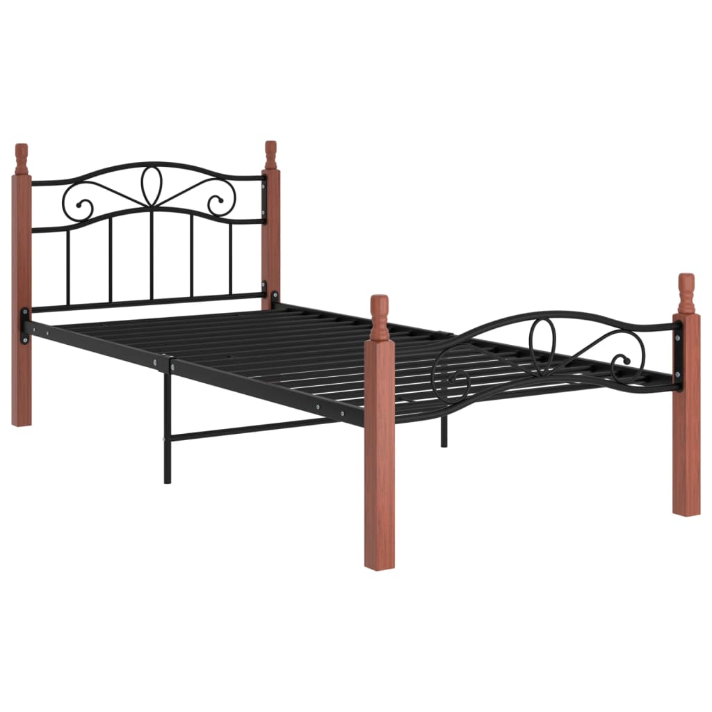 Cadru de pat, negru, 90x200 cm, metal și lemn masiv de stejar - Lando