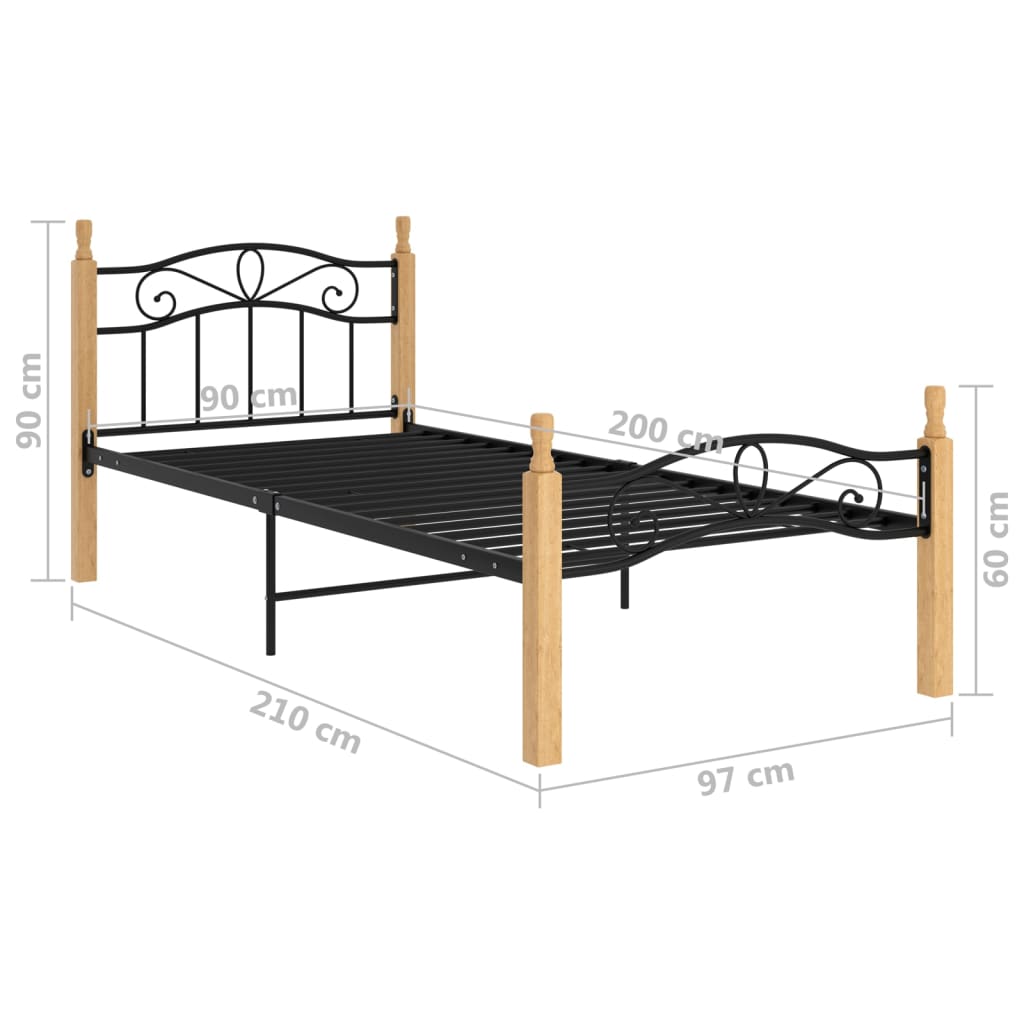 Cadru de pat, negru, 90x200 cm, metal și lemn masiv de stejar - Lando