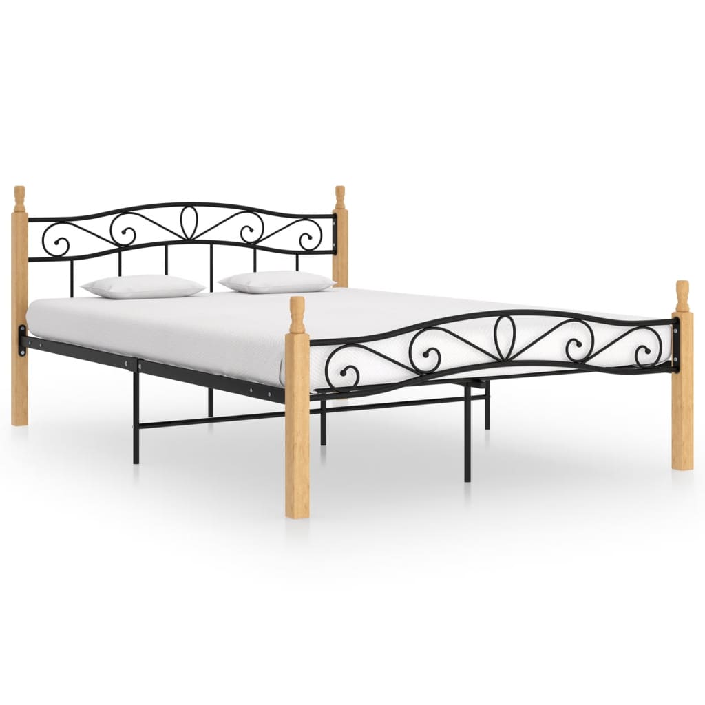 Cadru de pat, negru, 160x200 cm, metal și lemn masiv de stejar - Lando