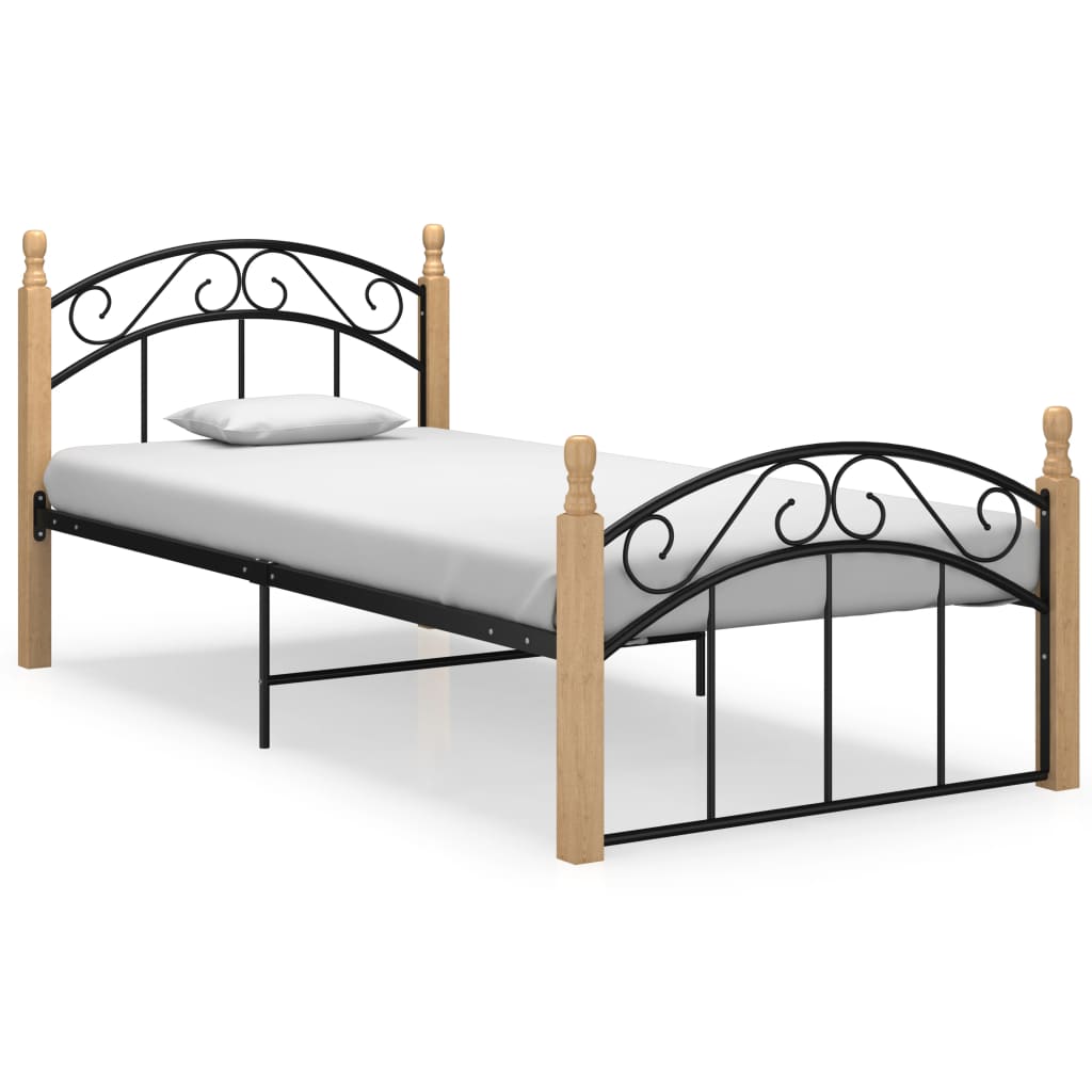 Cadru de pat, negru, 100x200 cm, metal și lemn masiv stejar - Lando